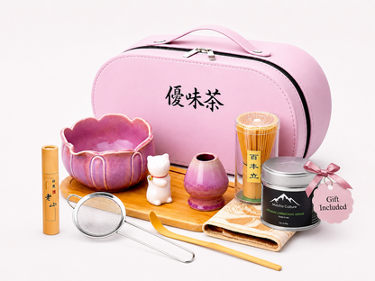 Matcha Tabi Reise-Set in Rosé – komplettes Set mit Leder-Etui, Keramik-Chawan, Chasen und Zubehör