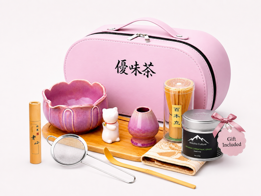 Matcha Tabi Reise-Set in Rosé – komplettes Set mit Leder-Etui, Keramik-Chawan, Chasen und Zubehör