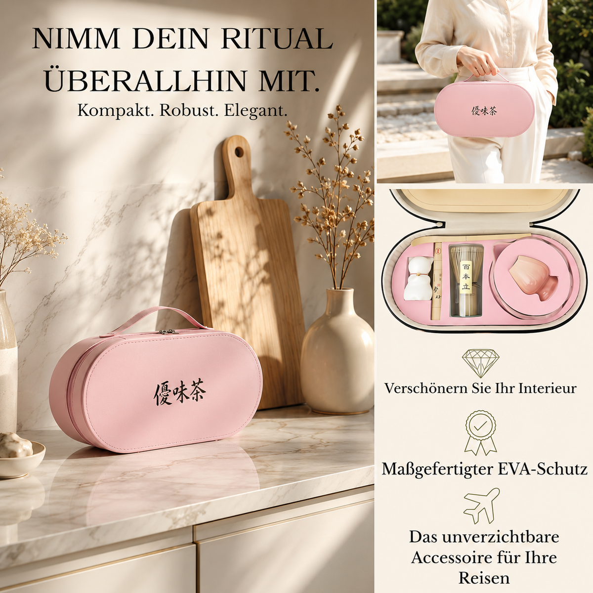 Nimm dein Matcha-Ritual überallhin mit – Tabi Reise-Set in Rosé mit Matcha Lattes