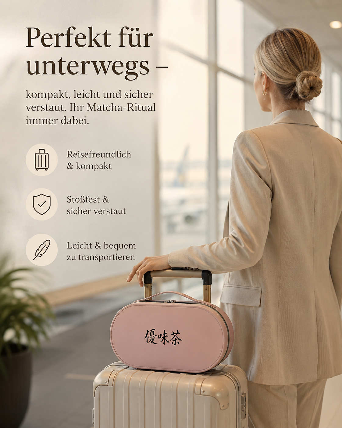 Rosa Etui des Matcha Reise-Sets in der Hand – perfekt für unterwegs