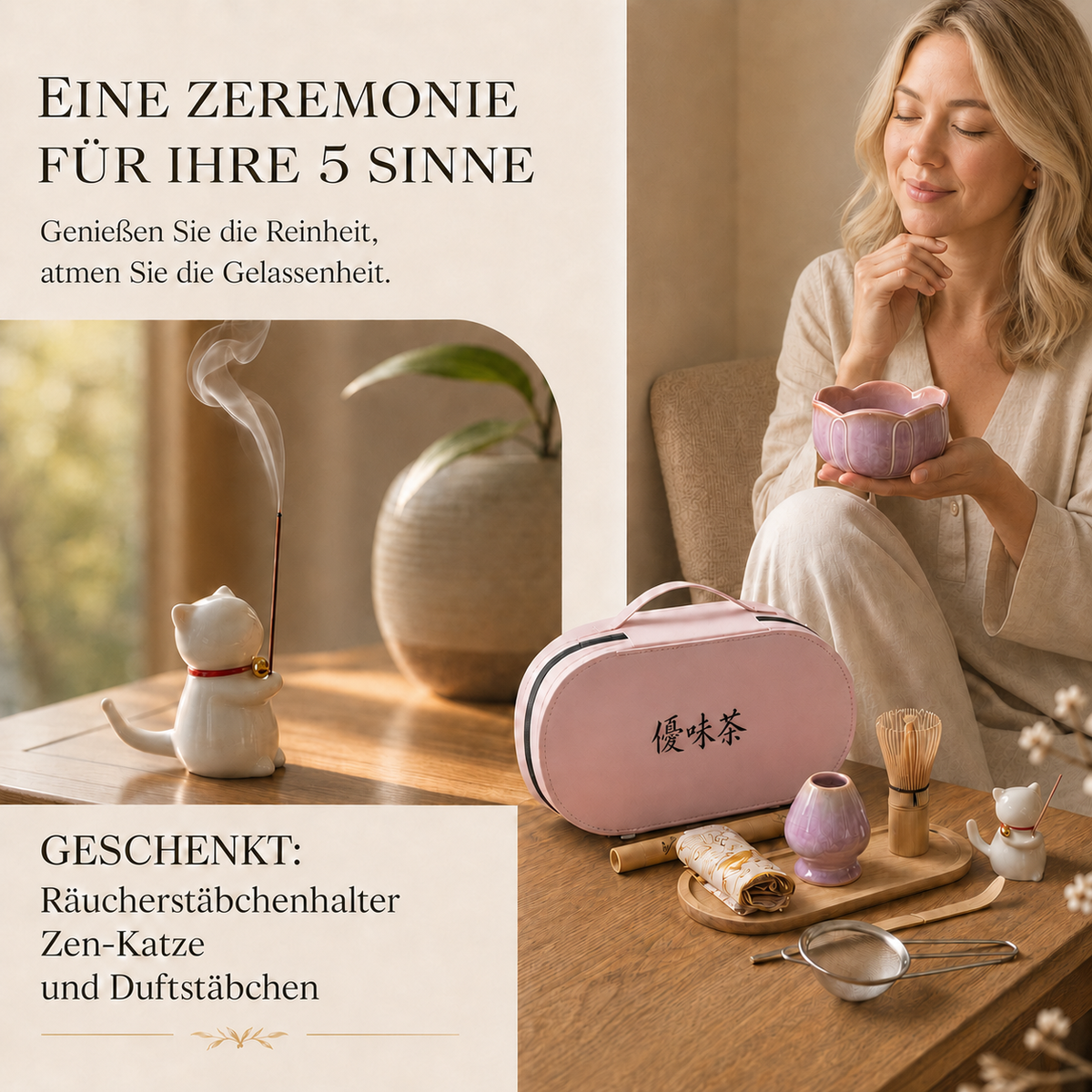 Matcha Reise-Set als Teezeremonie für alle Sinne – rosa Etui mit Zubehör
