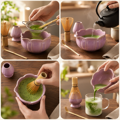 Matcha Tabi Set mit rosa Etui und zwei cremigen Matcha Lattes auf dem Tisch