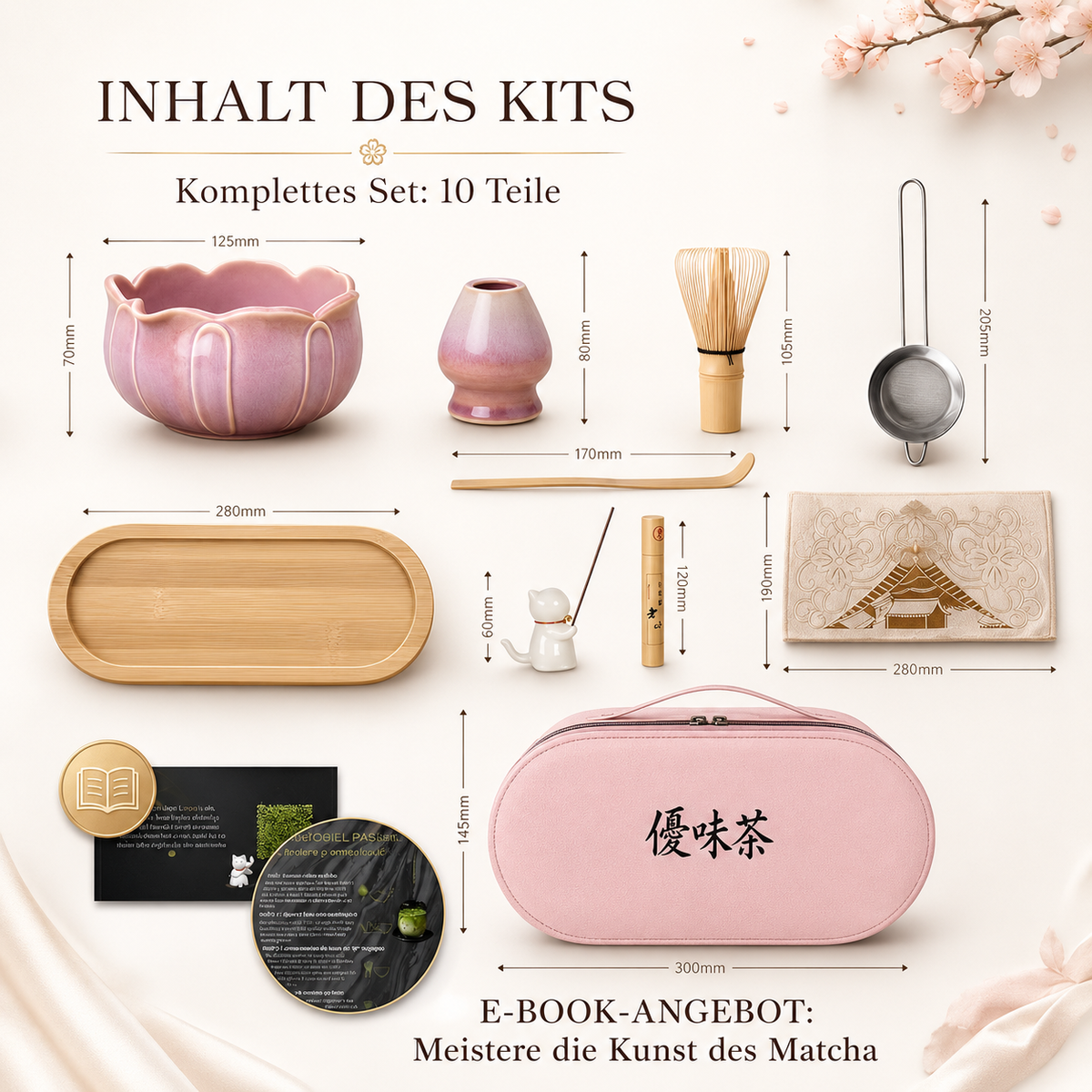 Übersicht der Bestandteile des Matcha Reise-Sets: Chawan, Chasen, Chashaku, Sieb und Leder-Etui